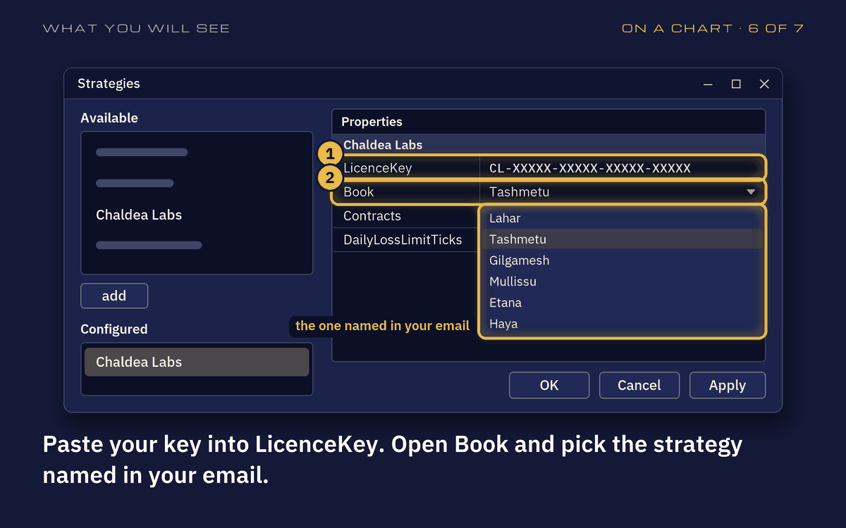 Drawing of the Strategies window: LicenceKey holding the key, and the Book list open with the six books, ringed in gold.