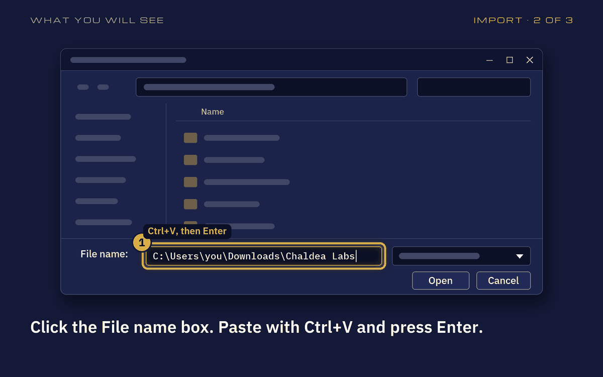 Drawing of the Import dialog: the File name box holds C:\Users\you\Downloads\Chaldea Labs and is ringed in gold.