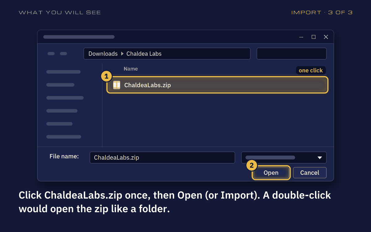 Drawing of the Import dialog showing the Chaldea Labs folder: ChaldeaLabs.zip and the Open button ringed in gold.