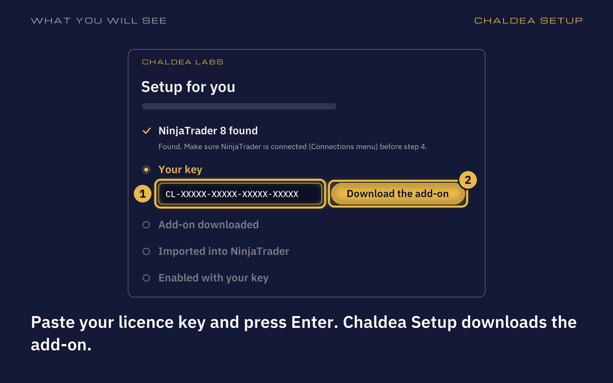 Drawing of the Chaldea Setup window: the key box and the Download the add-on button ringed in gold.